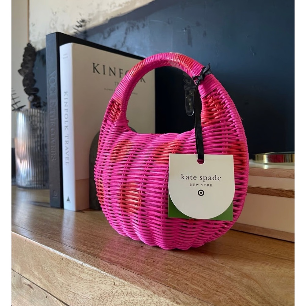 Kate Spade x Target Pink Red Polka Dot Woven Wicker Crescent Handbag Limited - Picture 2 of 4